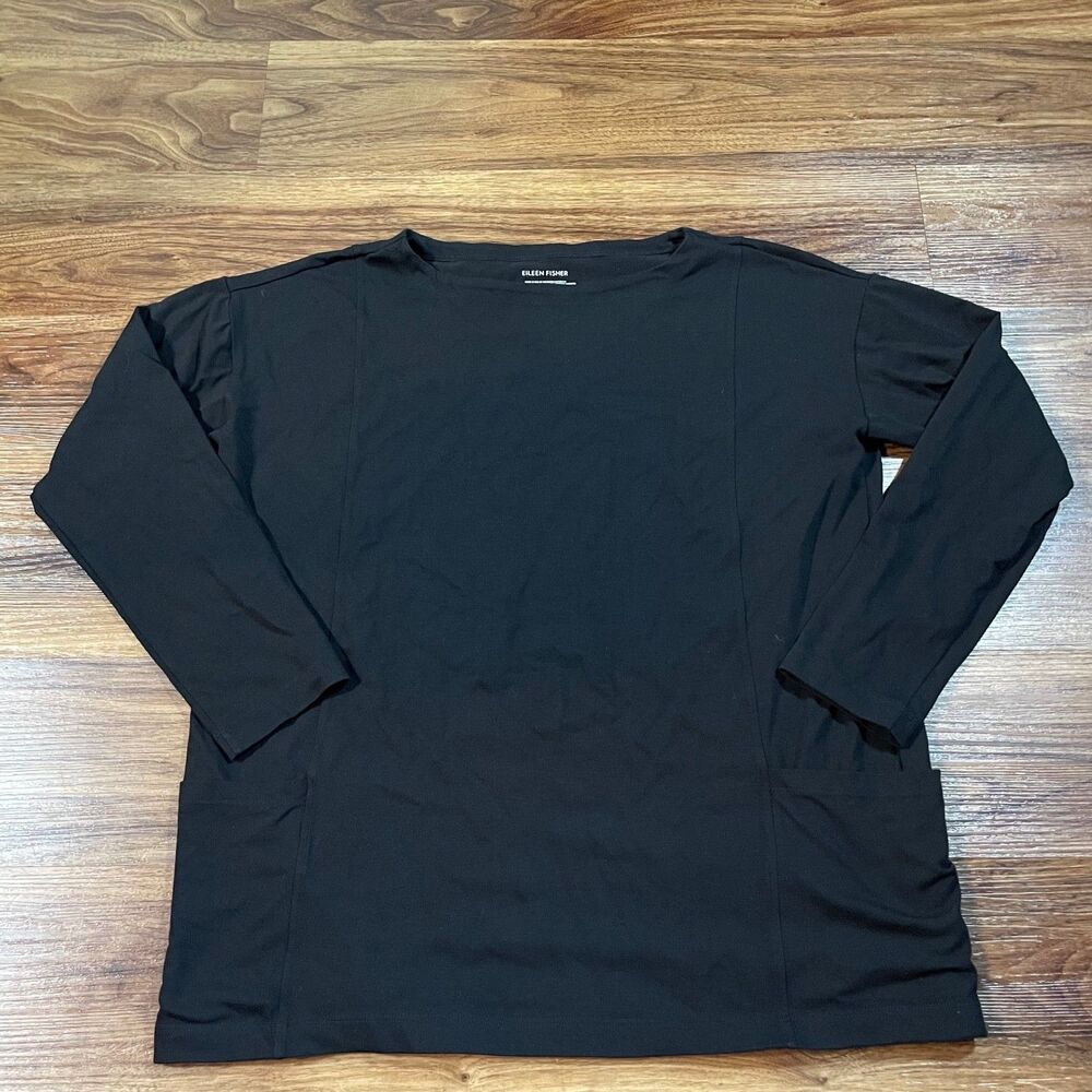 Eileen Fisher Black Long Sleeve Organic Cotton T-Shirt Pockets Women's Size XS